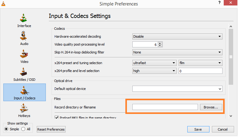 location of vlc media player recorded files