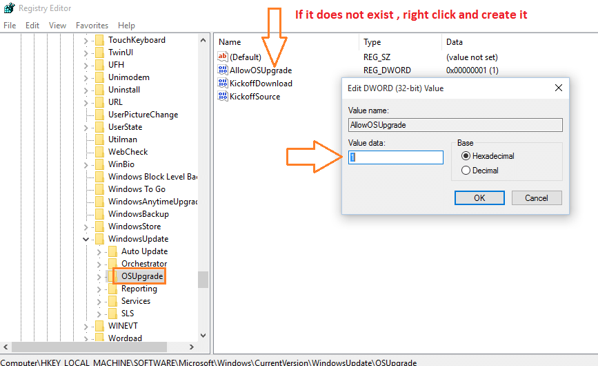 hklm software microsoft windows currentversion windowsupdate osupgrade