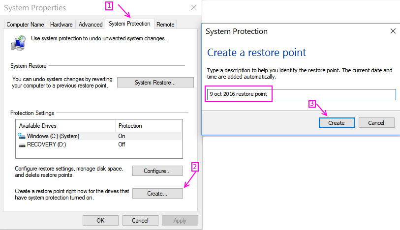 how can i create a restore point in windows 10