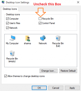 uncheck recycle bin to be shown desktop