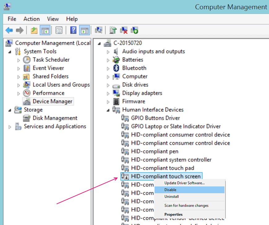 human interface device touch screen driver