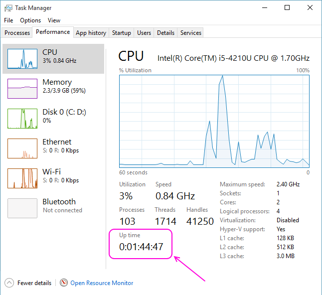 view system uptime windows 10