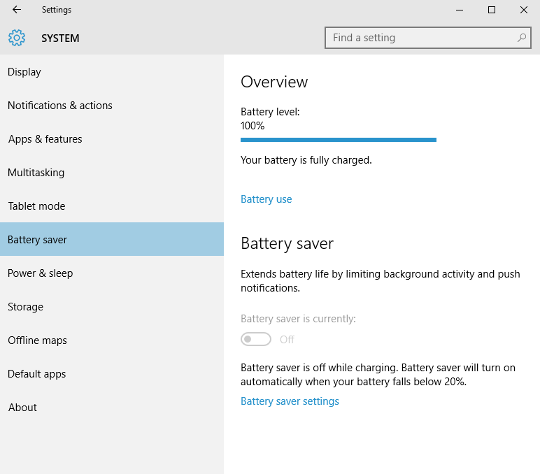 turn off battery saver windows 10