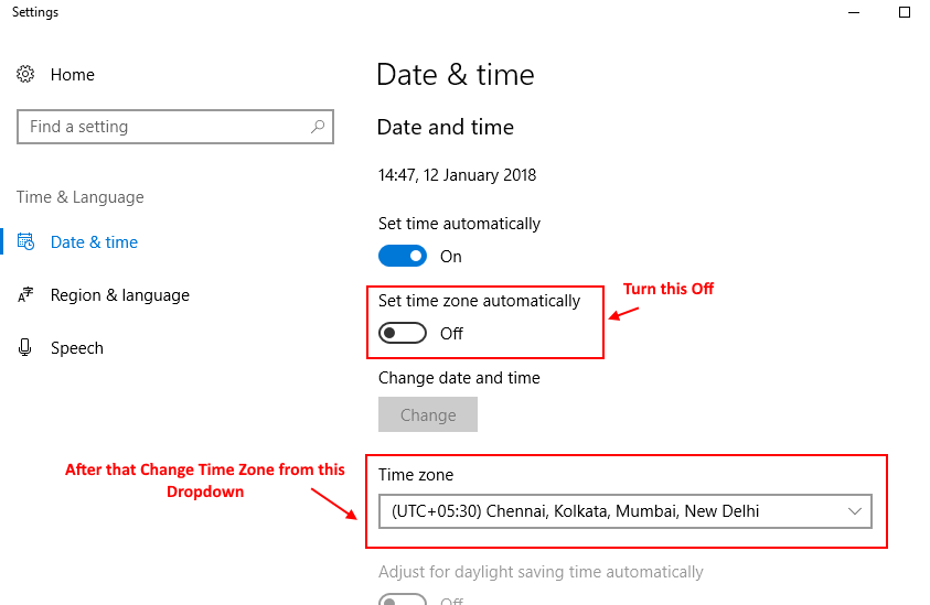 Change Time Zone Windows 10