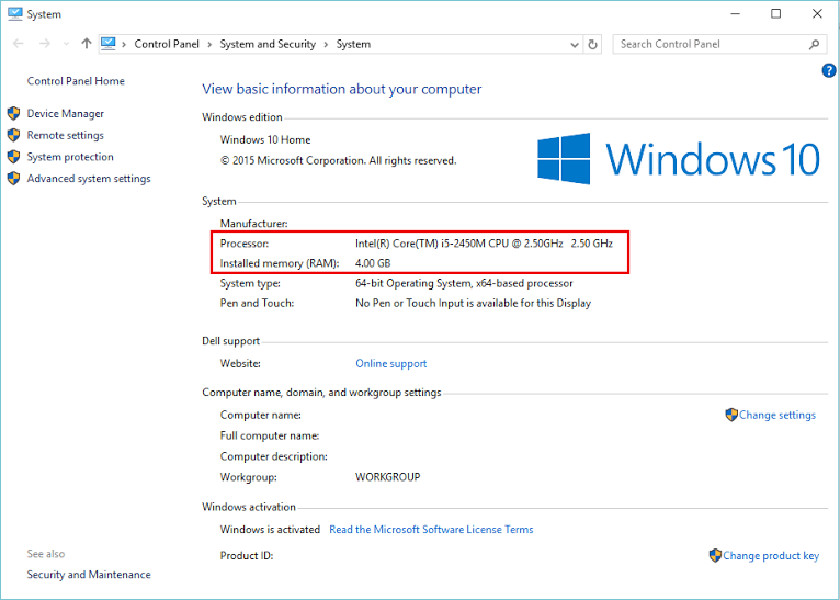 system properties in windows 10