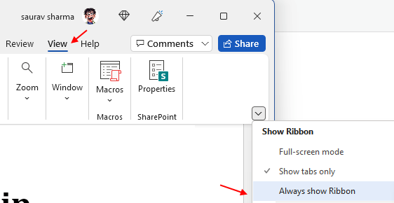 how to make word toolbar visible