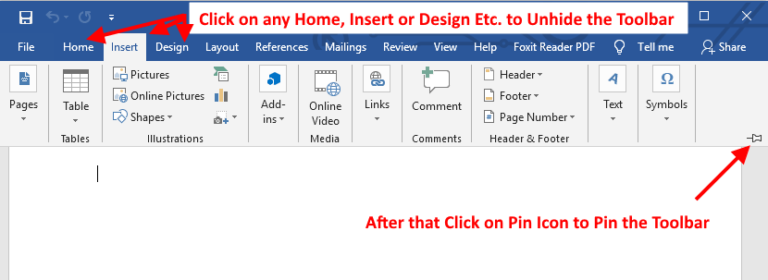 How To Show / Hide Ribbon Toolbar In Microsoft Word