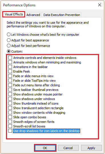 how to turn off visual effects