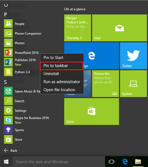 Pin PowerPoint to the Start Menu and Taskbar in Windows 10