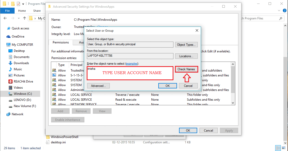 File users user desktop. Конфигурационный файл MS Windows. Не удается найти c program files WINDOWSAPPS. Subfolders files. Виды разрешений в permission в Advanced sharing.