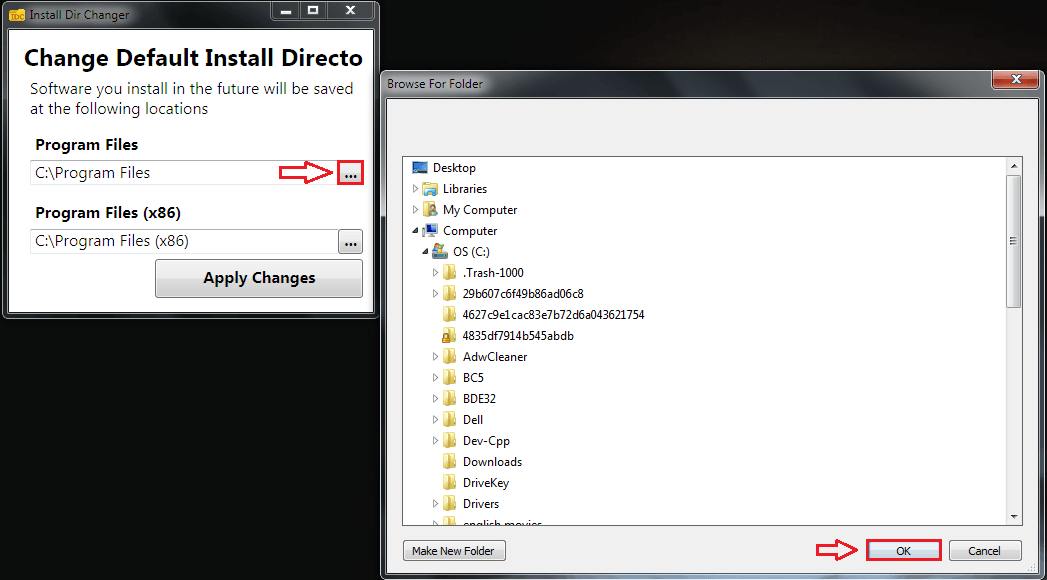 how to change default program files directory