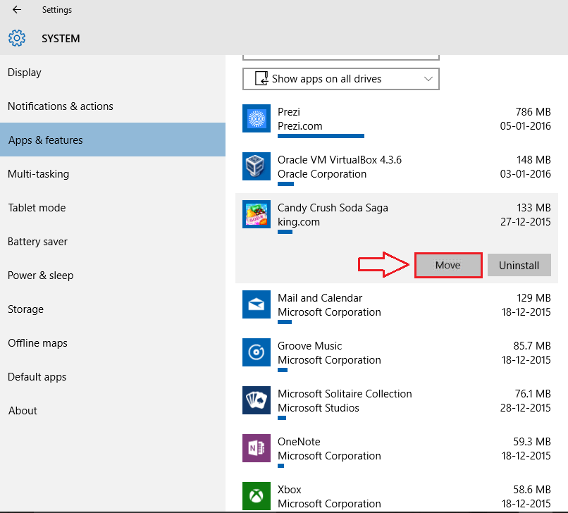 How to move apps to another location Windows 10