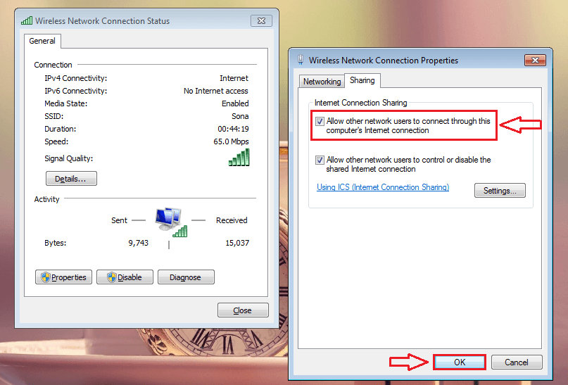 Wireless Network connection. Allow other Network users to connect through this Computer’s Internet connection. Internet connection status.. Connect to Internet through USB.