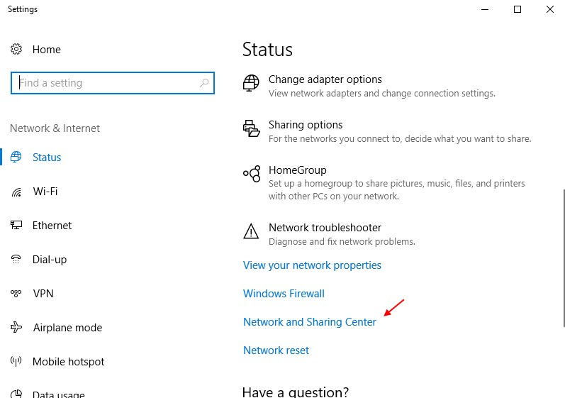 Network Sharing Centre Windows 10 Settings App