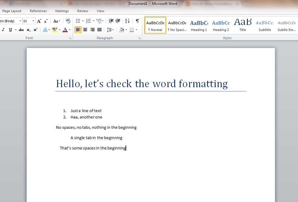 list of ms word formatting marks