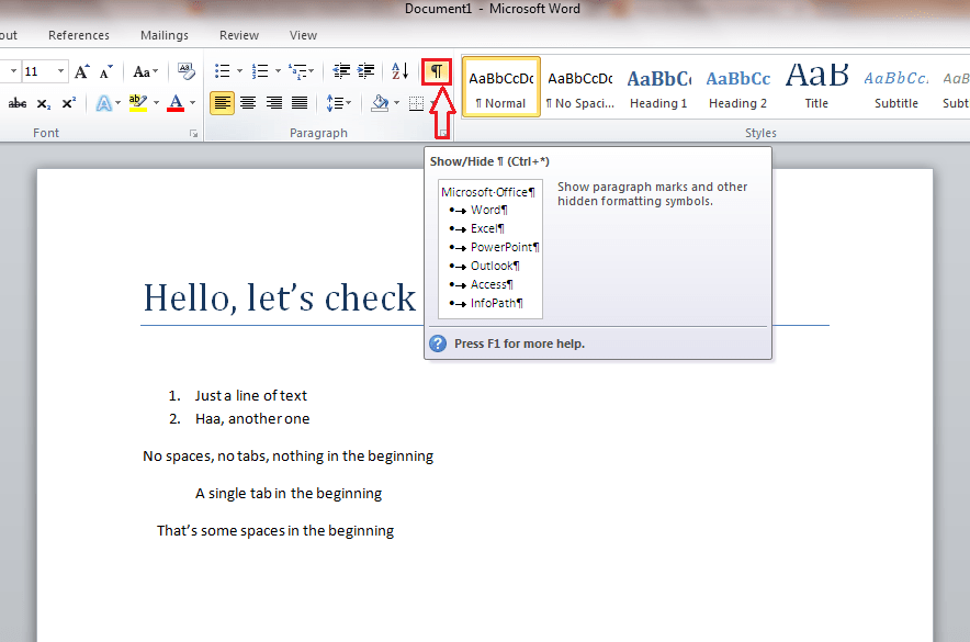 reveal text formatting in word