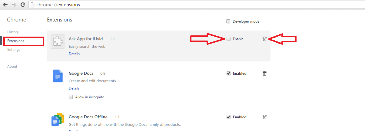 Disable extension in chrome