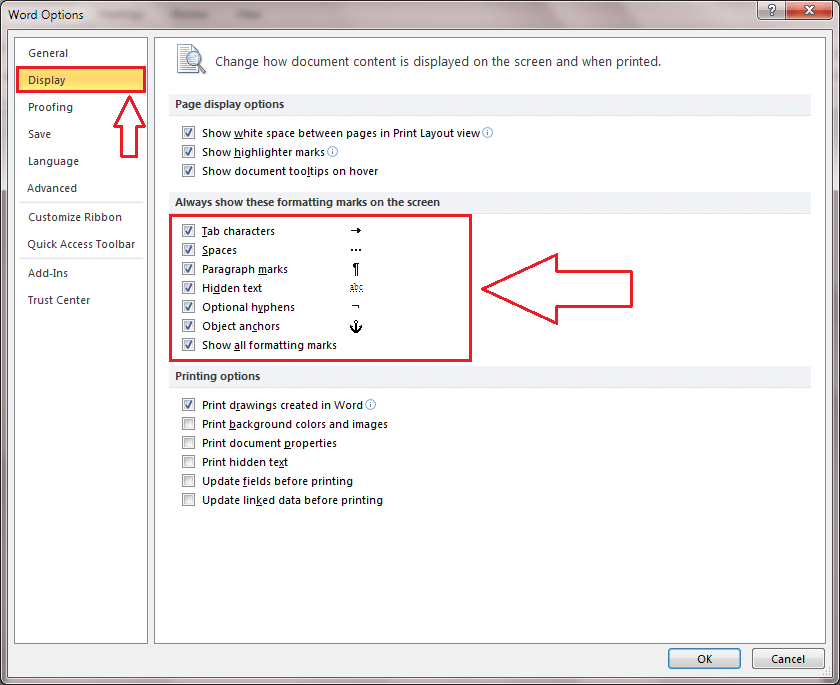 word formatting marks display