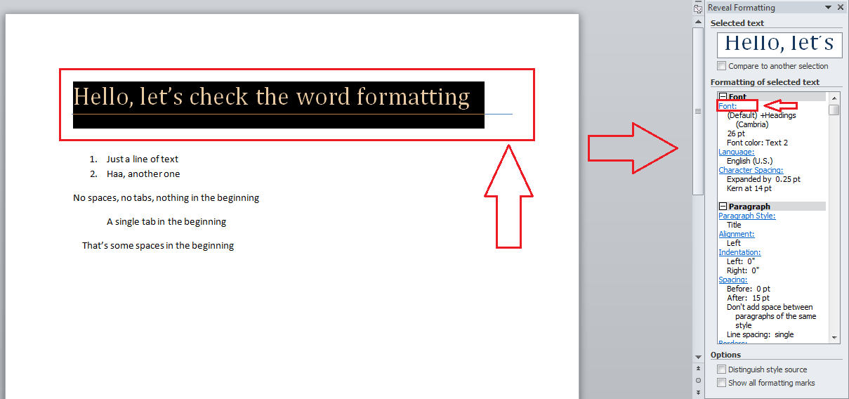 reveal text formatting in word