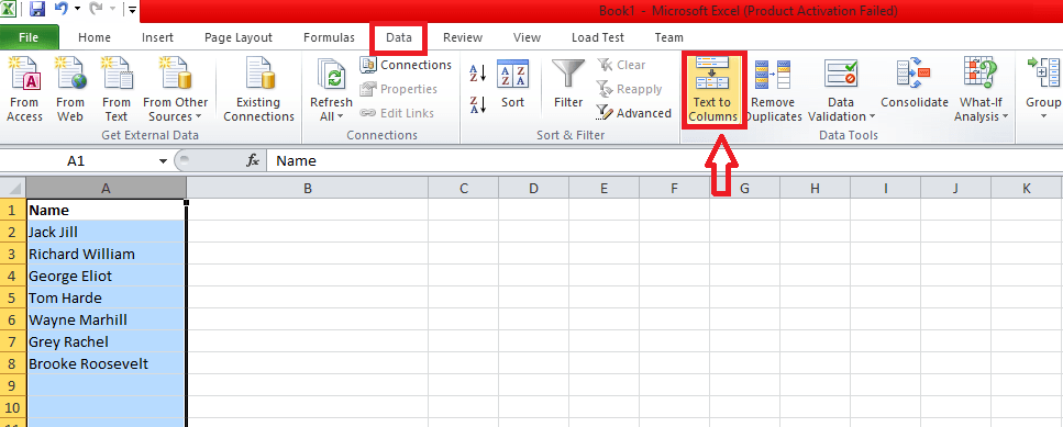 Choose text to columns from data