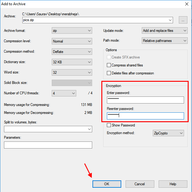 7zip password protect existing zip