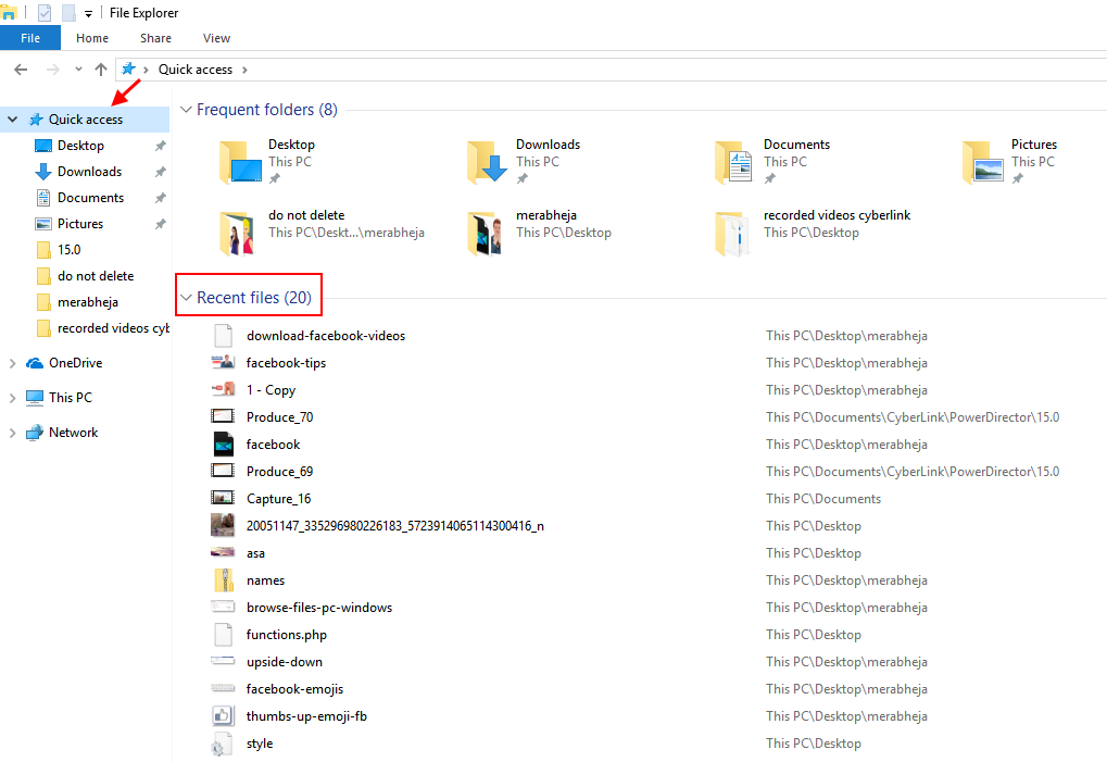 Recent Files Windows 10