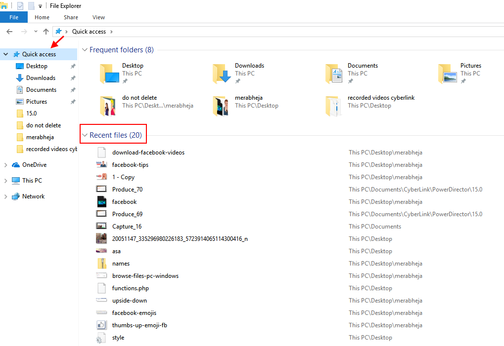 Quick access now lets you view recent files in windows 10