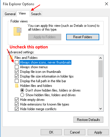 Always Show Icon Never Thumbnails Windows 10