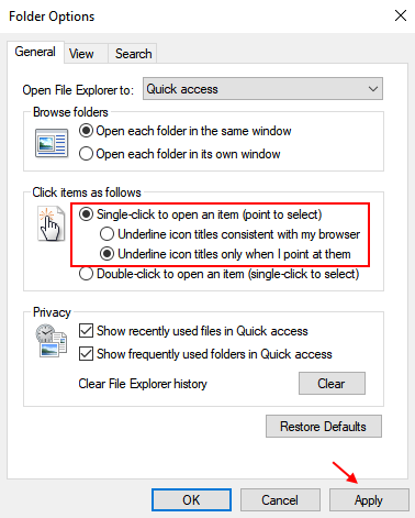 How to configure single click file / folder opening in Windows 10