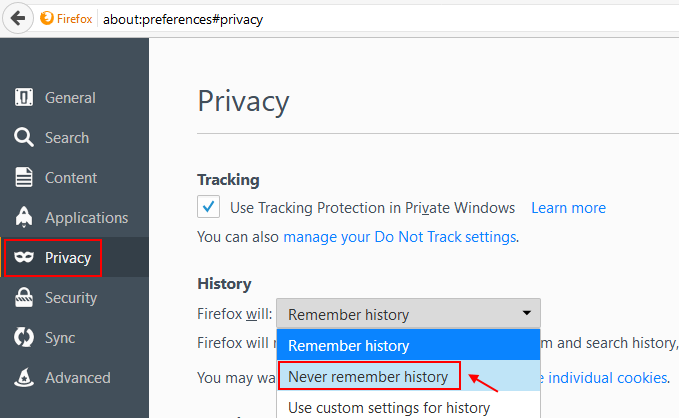 Firefox Never Remember History