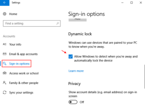 sign in options dynamic lock windows 10 1