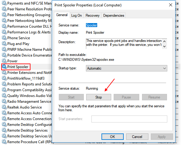 Stop Print Spooler Service Windows 10