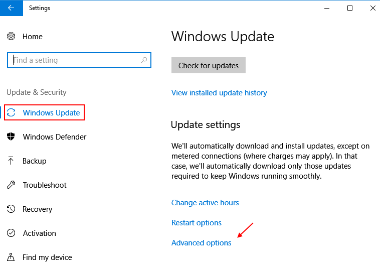 Settings Update Security Windows 10 Advanced Options