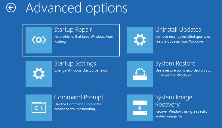 Advanced Options Startup Repair Startup Settings Command Prompt Copy Copy