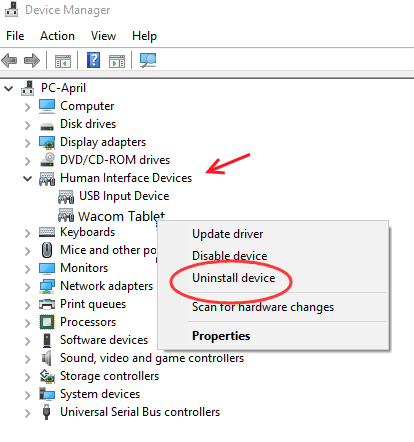 Uninstall Driver Wacom Pen Not Working Windows 10