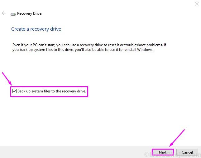 Recovery Drive Backup System Files Check Next