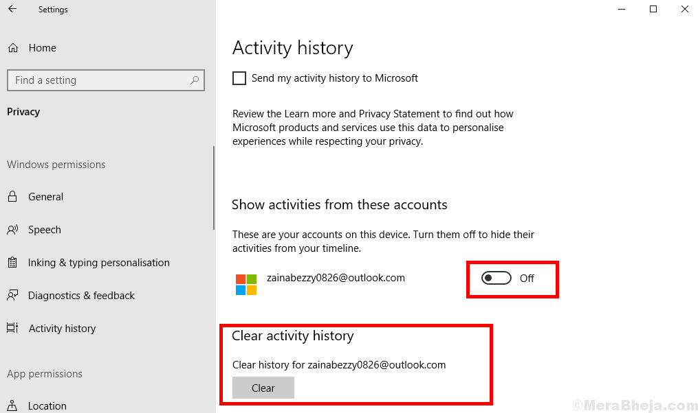 Activity history. Disable Clear Front Windows 10.