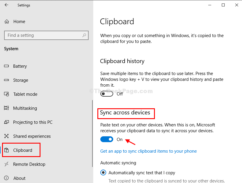 Click Clipboard, Enable The Sync Across Devices