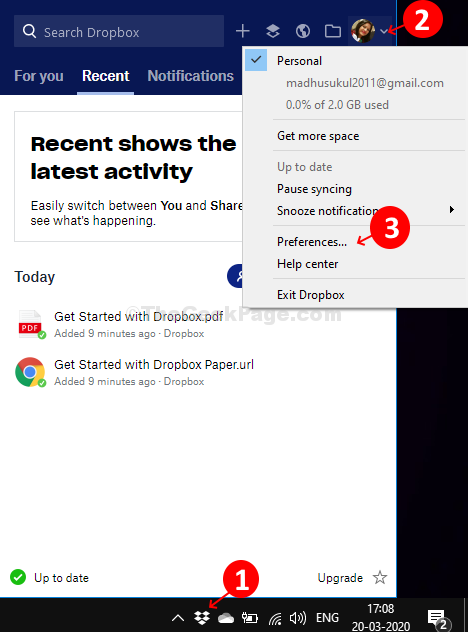 Click On Dropbox In System Tray, Click On Settings On Upper Right Corner, Click On Preferences