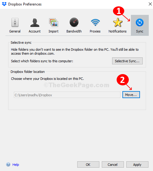 Click The Sync Tab And Click On The Move Button Next To Dropbox Folder Location