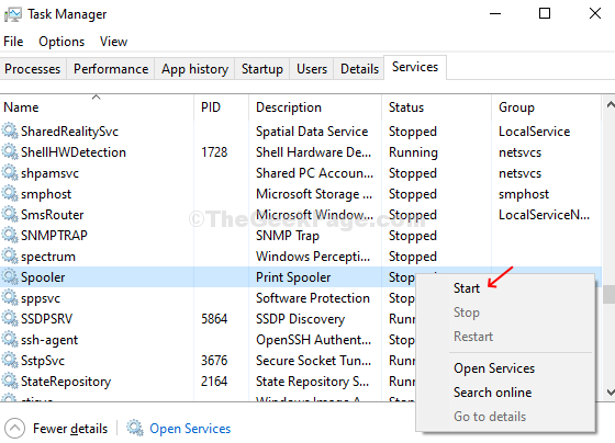 Right Click On Spooler And Click On Start To Restart Print Spooler Service