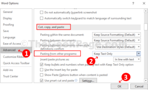 Under Word options click on Advanced under cut copy and paste select Keep Text