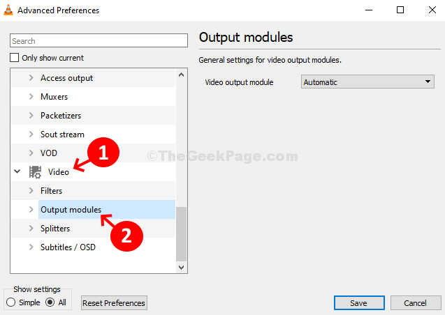Advanced Preferences All Video Output Modules