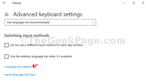 Advanced keyboard settings Language bar options