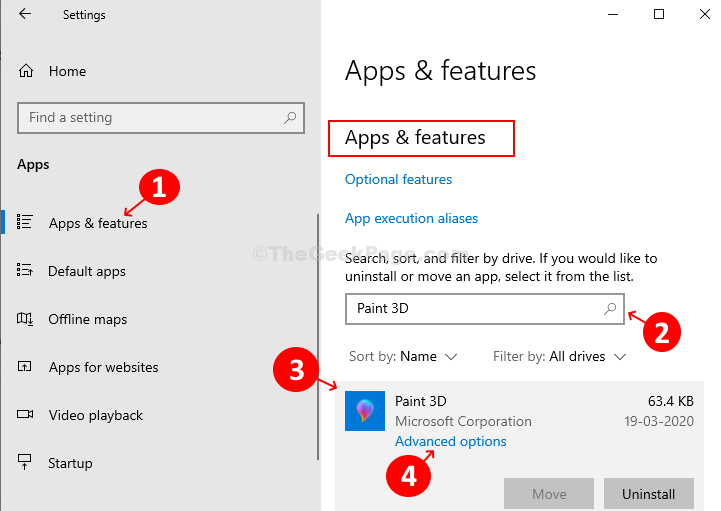 Apps Apps & Features Section Search Box Paint 3d Click Result Advanced Options