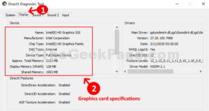 DirectX Diagnostic Tool Display tab Graphics card specifications 1