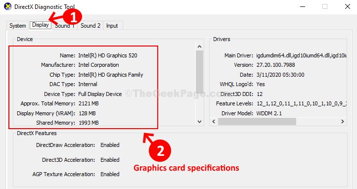 Directx Diagnostic Tool Display Tab Graphics Card Specifications