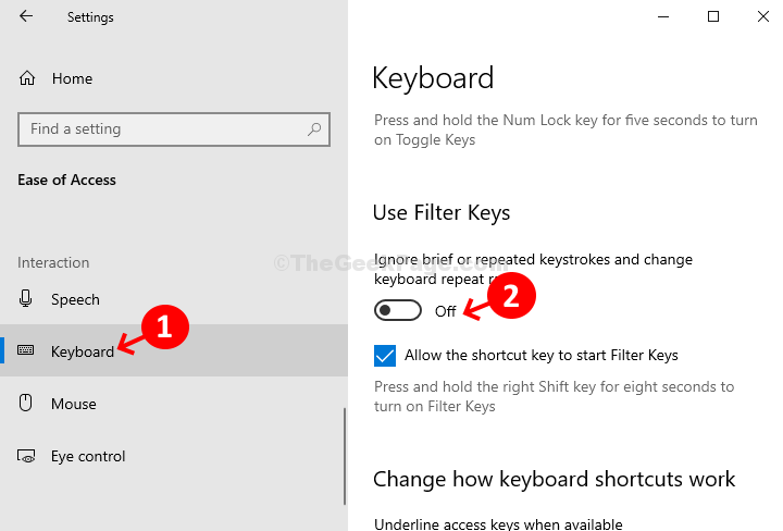 Ease Of Access Keyboard Use Filter Keys Turn Off