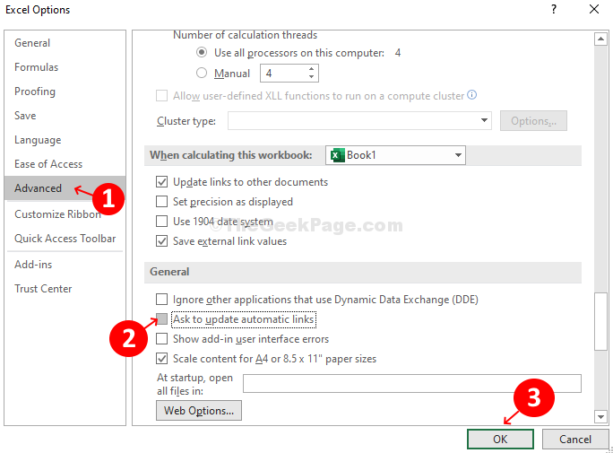 Excel Options Advanced Uncheck Ask To Update Automatic Links