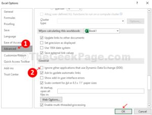 Excel Options Advanced Uncheck ignore other applications that use Dynamic Data Exchange DDE